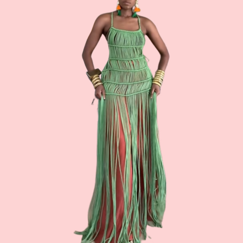 Green Knit Crochet Halter Dress