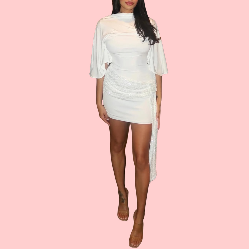 White Sequin-Trimmed Mini Dress