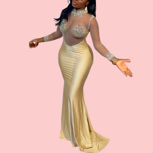 Rhinestone See-through Spliced Maxi Dress