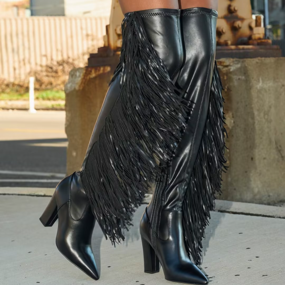 Black Leather Fringed High-Heeled Knee-High Boots