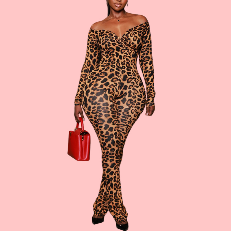 Leopard-Print V-Neck Long-Sleeve Jumpsuit