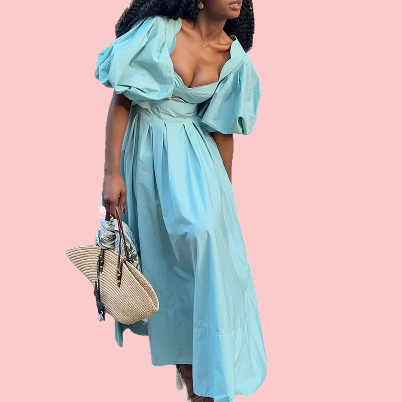 Blue Bubble Sleeve Maxi Dress