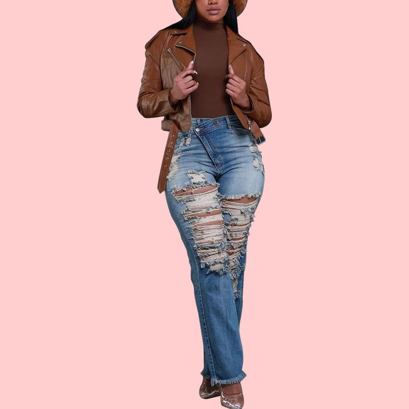 Blue Knife-Cut Ripped Jeans