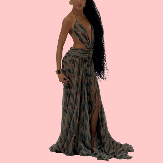 Sexy V-Neck Backless Mesh Maxi Dress