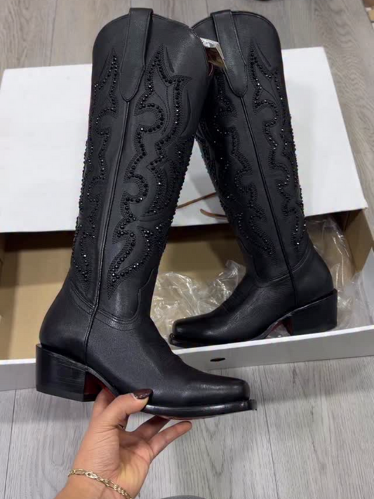 Black Rhinestone-Studded Cowboy Boots