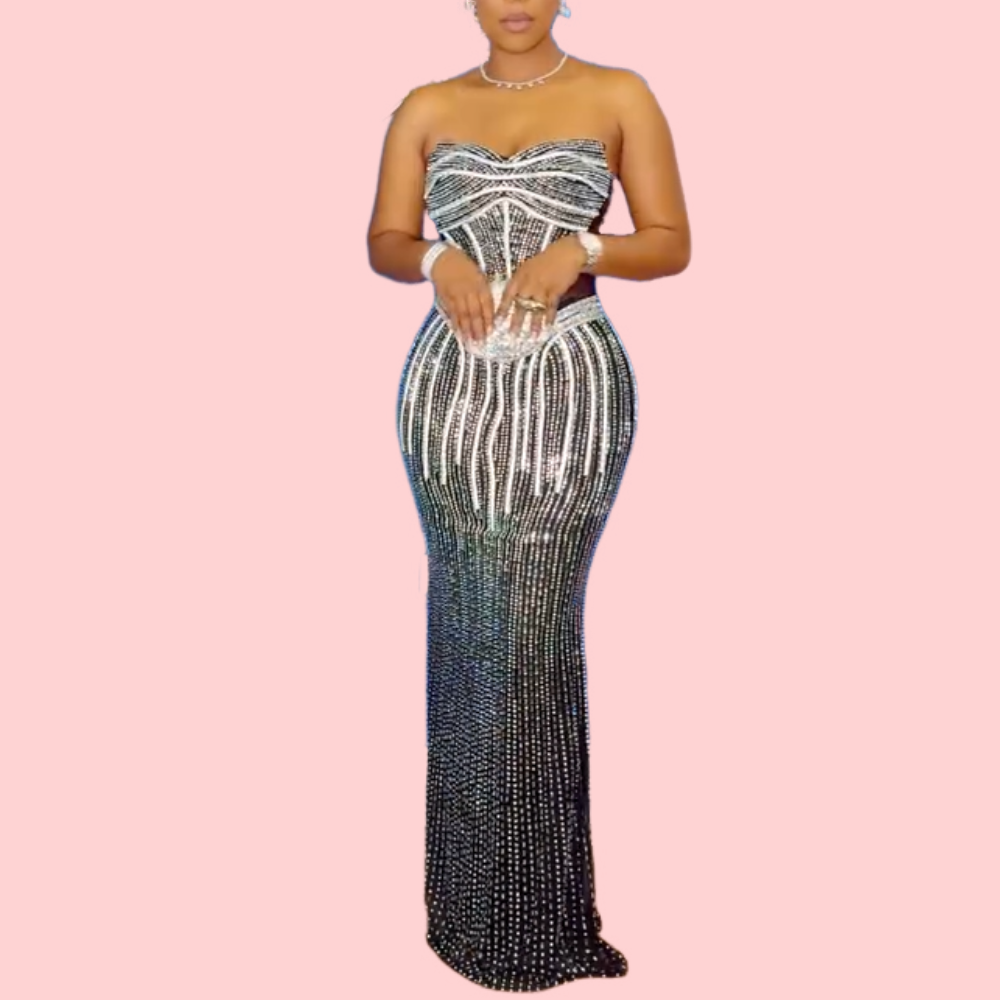 Black Rhinestone Strapless Maxi Dress