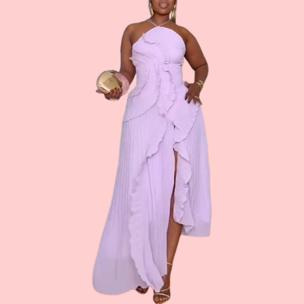 Solid-Color Ruffled Halter Dress