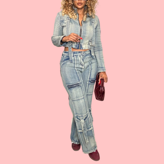 Multi-Pocket Washed Denim Two-Piece Set