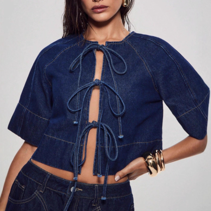 Denim Tie-Front Top & Skirt Set