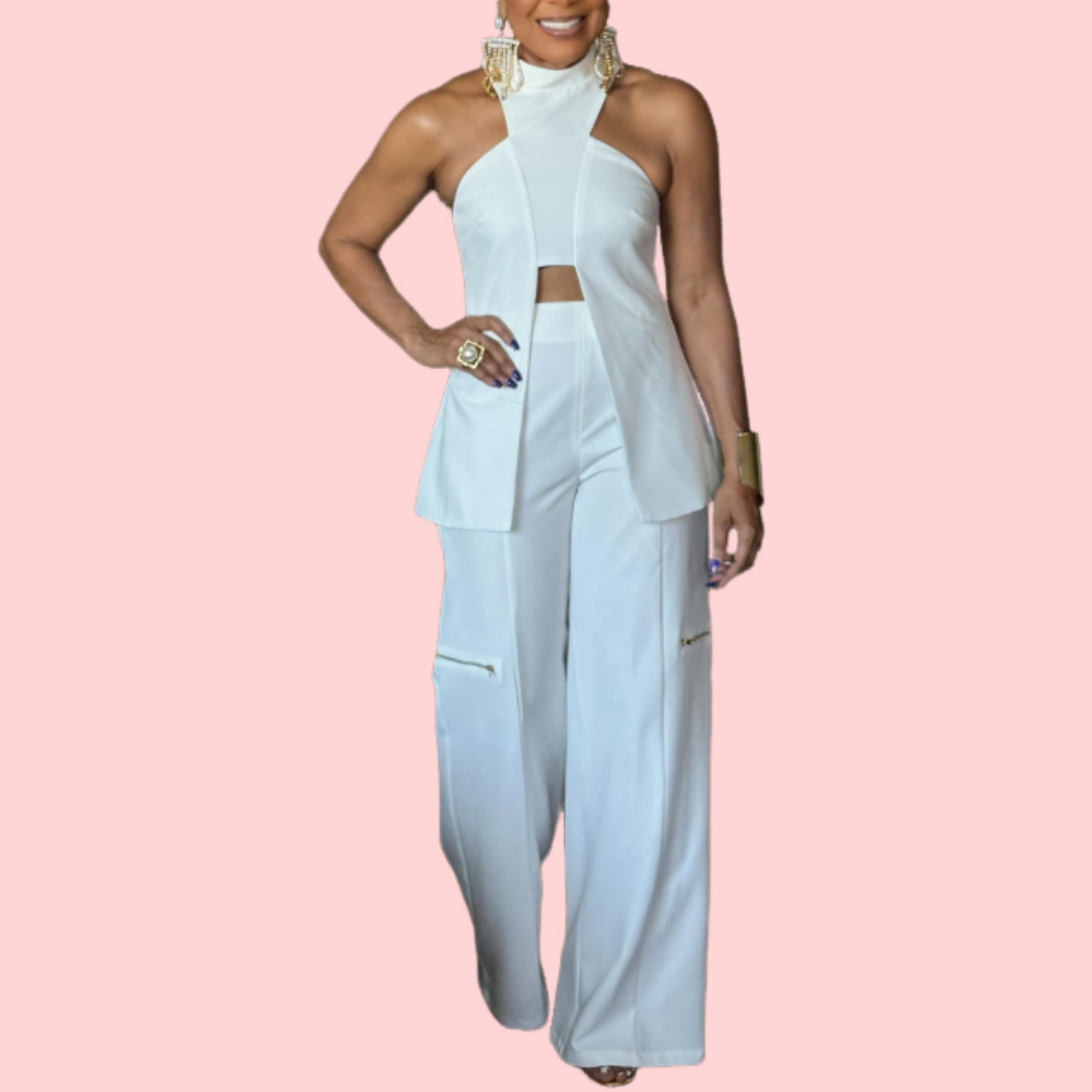 Sleeveless Sexy Top & Zipper Wide-Leg Pants Set