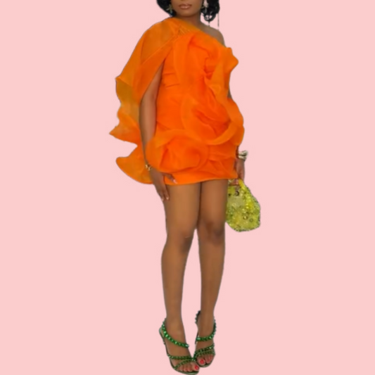 Orange Mesh Ruffle Mini Dress