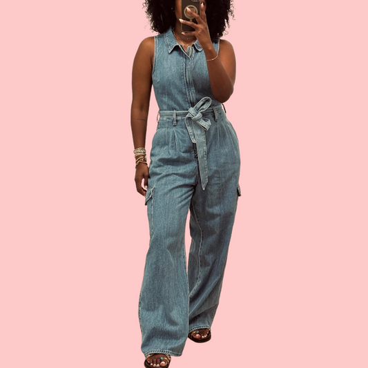 Washed Denim Sleeveless Strappy Jumpsuit