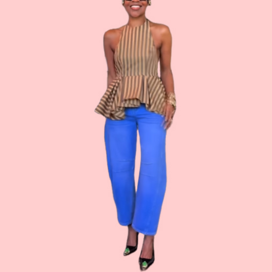 Brown Sleeveless Striped Top & Blue Washed Pants Set
