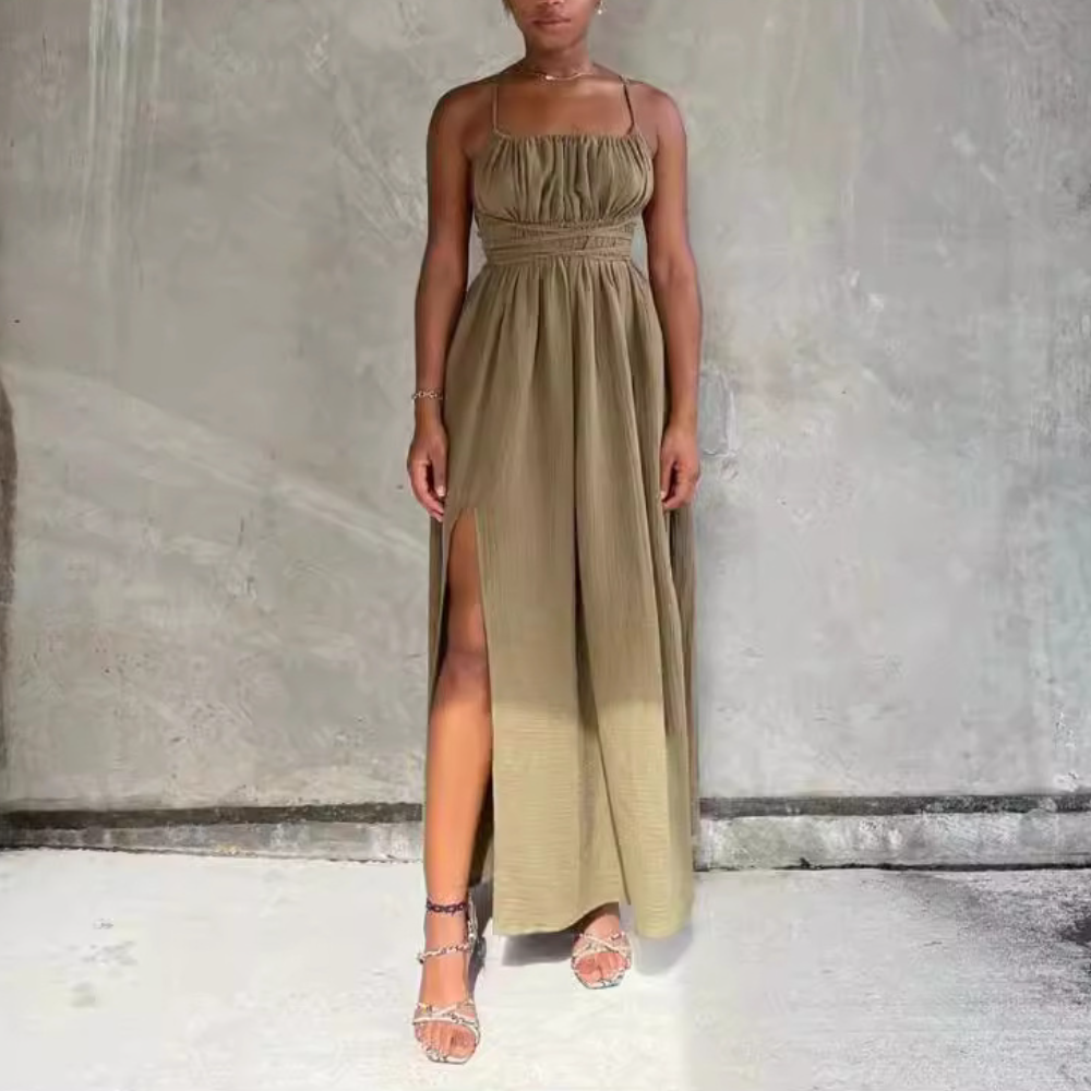 Khaki Strapless Halter Backless Dress