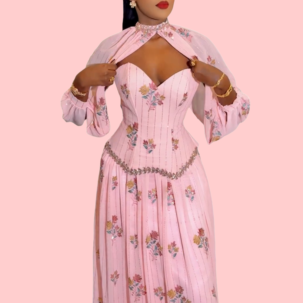 Pink Floral Rhinestone Strapless Maxi Dress + Shawl Set