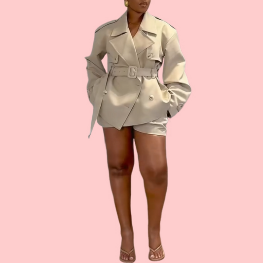 Khaki Double-Breasted Belted Trench Coat & Shorts Set