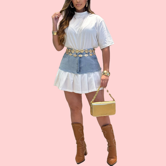 White Denim Patchwork Mini Dress