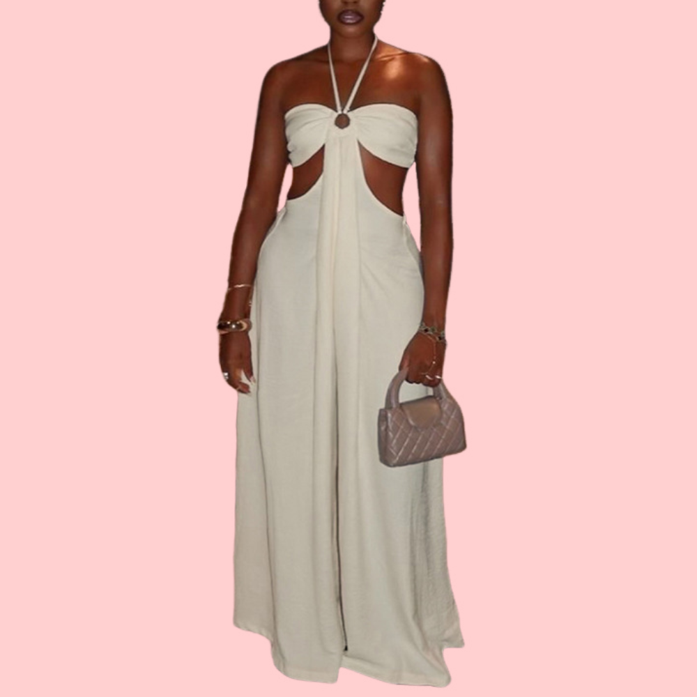 Solid-Color Lace-Up Strapless Loose-Fit Jumpsuit