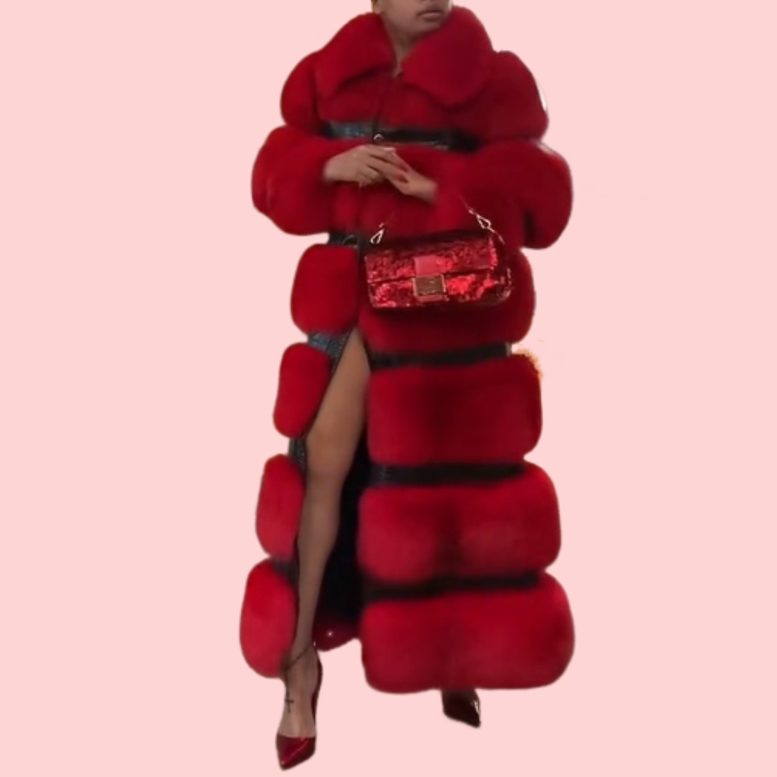 Red Fur Patchwork Long Coat