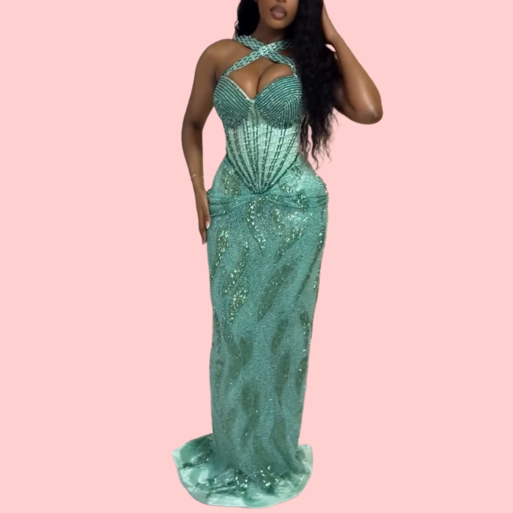 Lake Blue Rhinestone Halter-Neck Maxi Dress