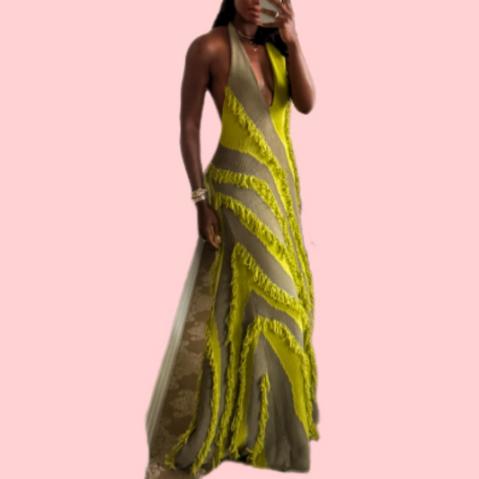 Yellow Fringe Patchwork Maxi Dress