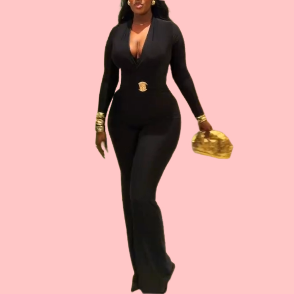 Black V-Neck Jumpsuit with Gold Belt