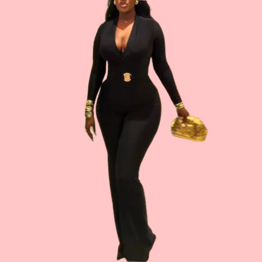 Black V-Neck Jumpsuit with Gold Belt