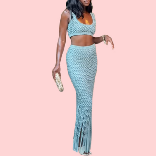 Blue Knit Fringe Skirt Set