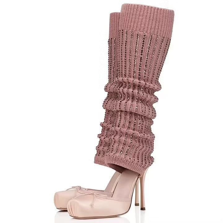 Stylish Pink Rhinestone Knitted Leg Warmer Stiletto Heeled Boots