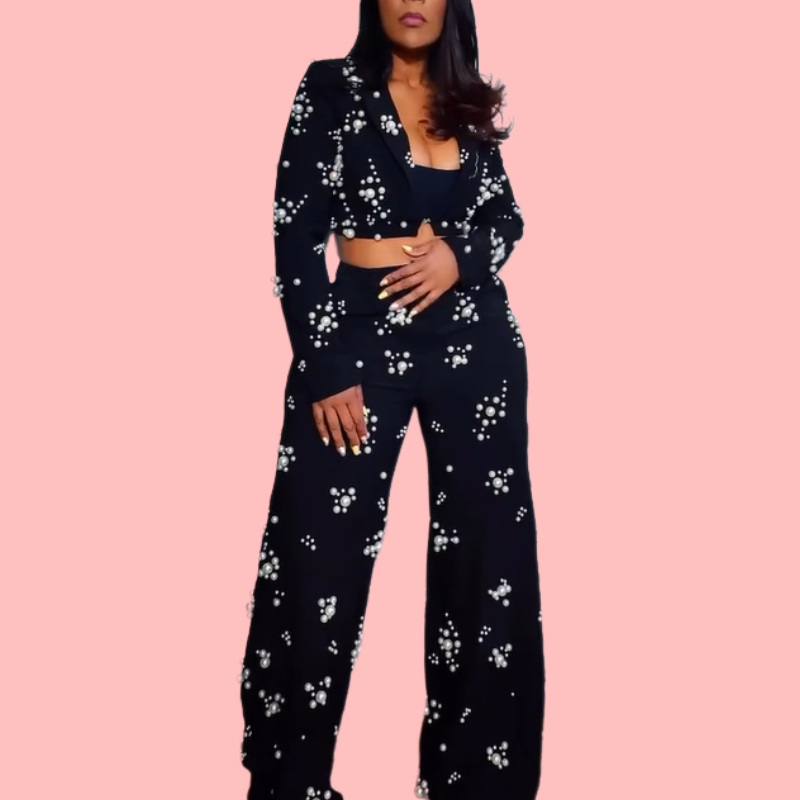 Pearl-embellished Long Sleeve Cardigan & Trousers Set