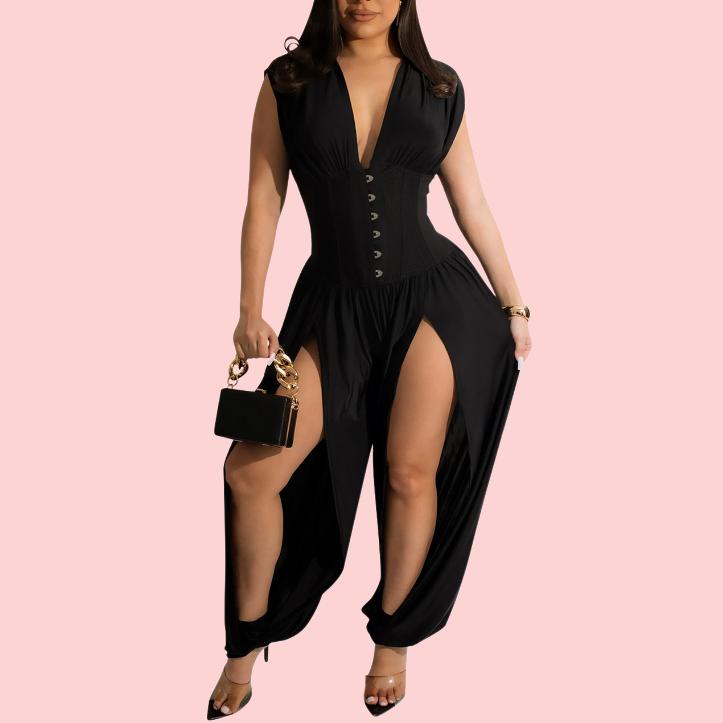 Solid-Color V-Neck Cutout Jumpsuit