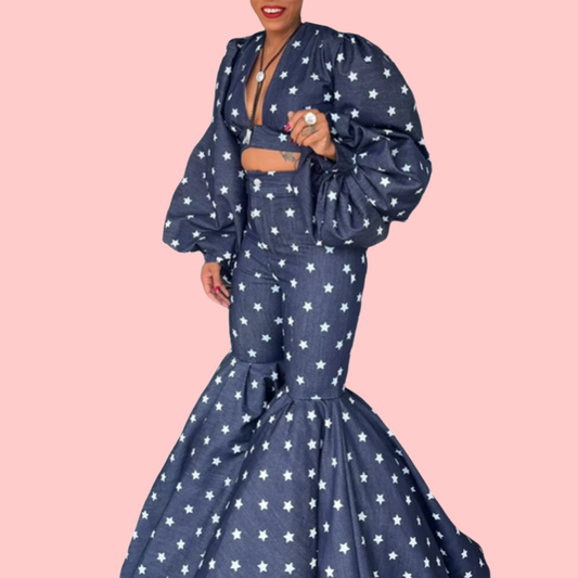Star Printed Bubble Sleeve Top & Pants Set