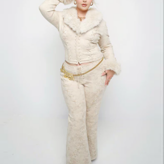 Fur Patchwork Jacket & Pants Set