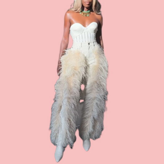 White Sheath Feather Fringe Jumpsuit