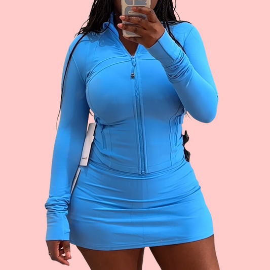 Blue Yoga Zipper Jacket & Skirt Set