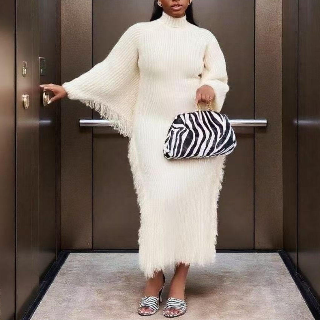 Solid Color Knitted Fringe Maxi Dress