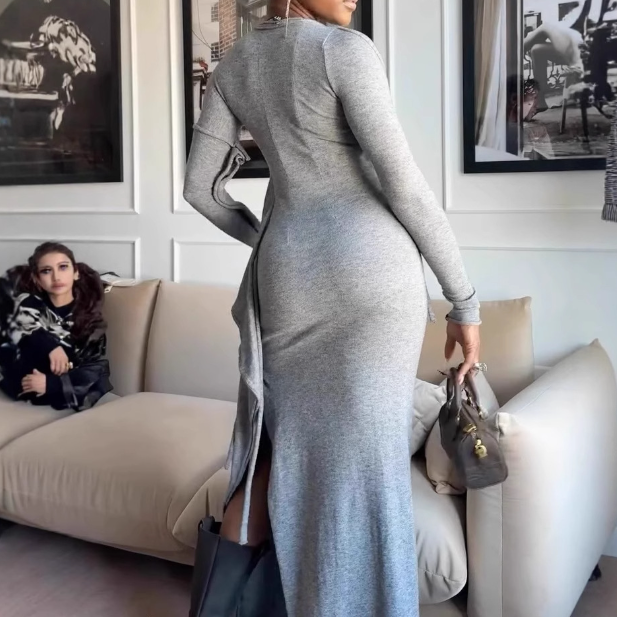Long-Sleeved Knit Scarf-Tie Wrap Dress