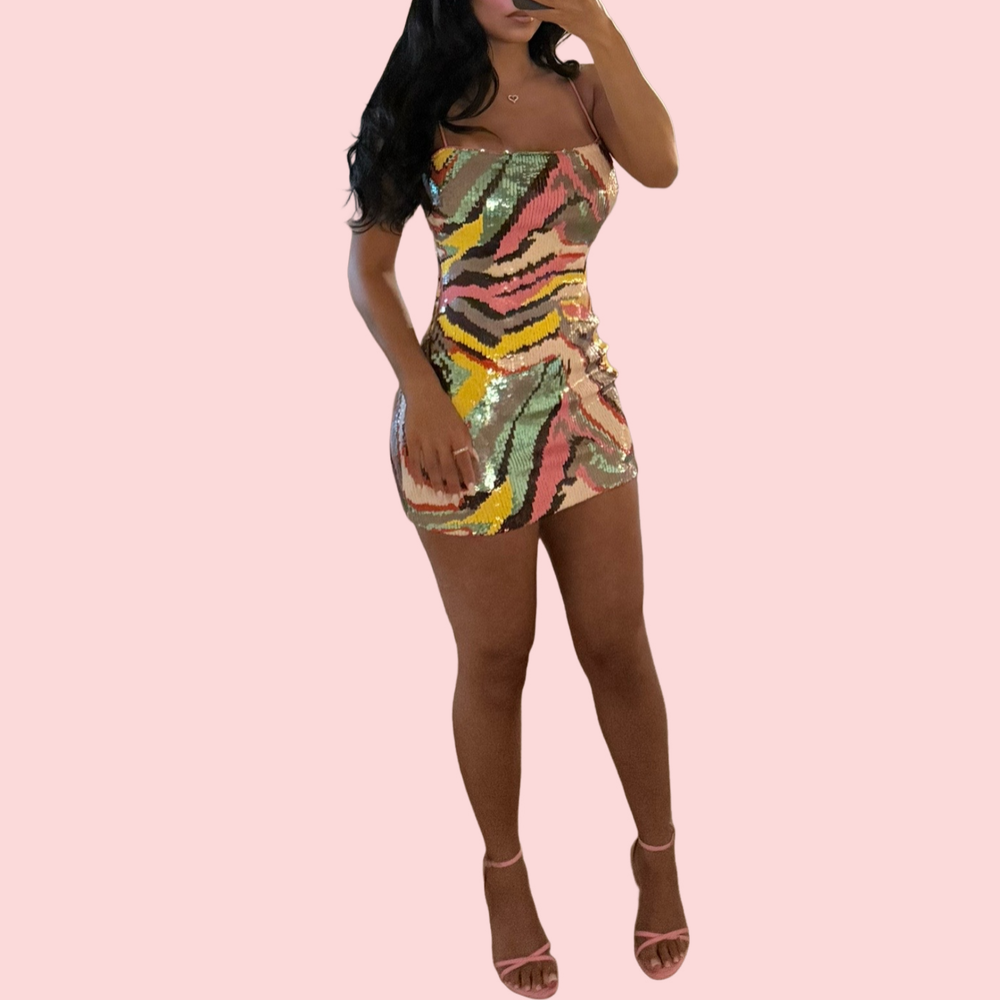 Colorful Sequin Spaghetti-Strap Mini Dress