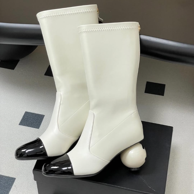 Large-Pearl Zipper Mid-Calf Boots