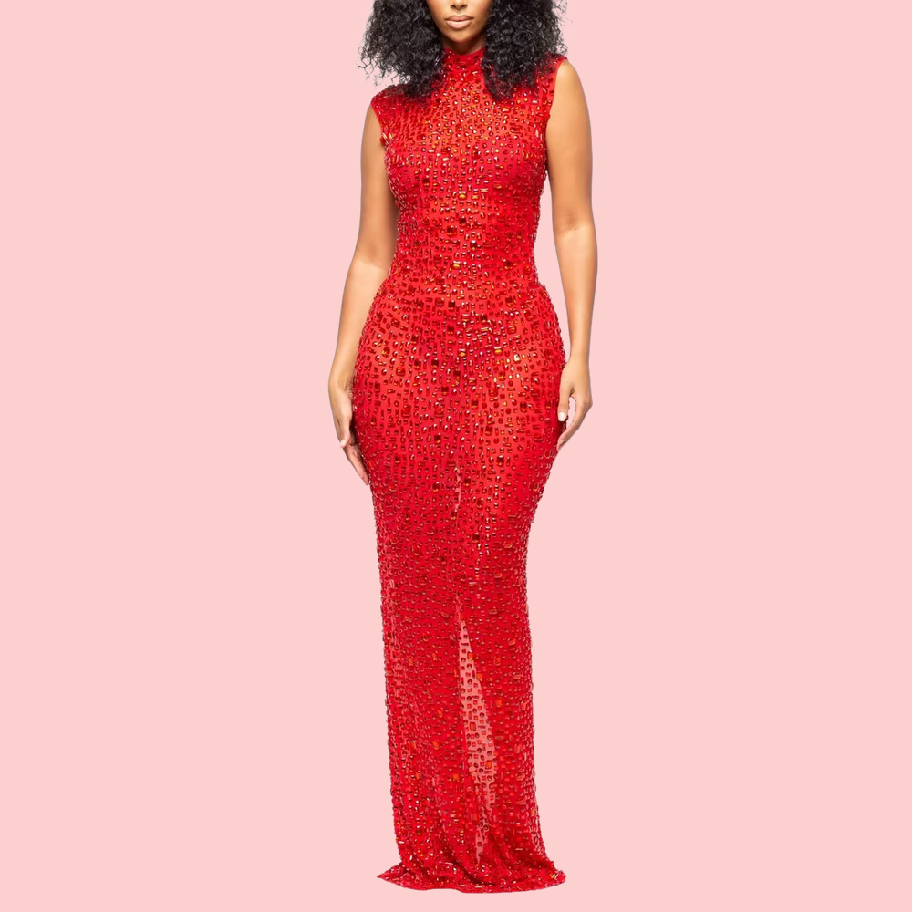 Red Shiny Sleeveless Maxi Dress