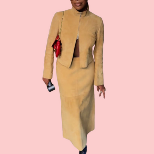Khaki Zipper Jacket & Skirt Set