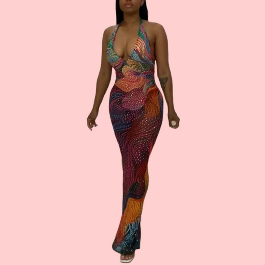 Colorful Printed Rhinestone V-Neck Maxi Dress