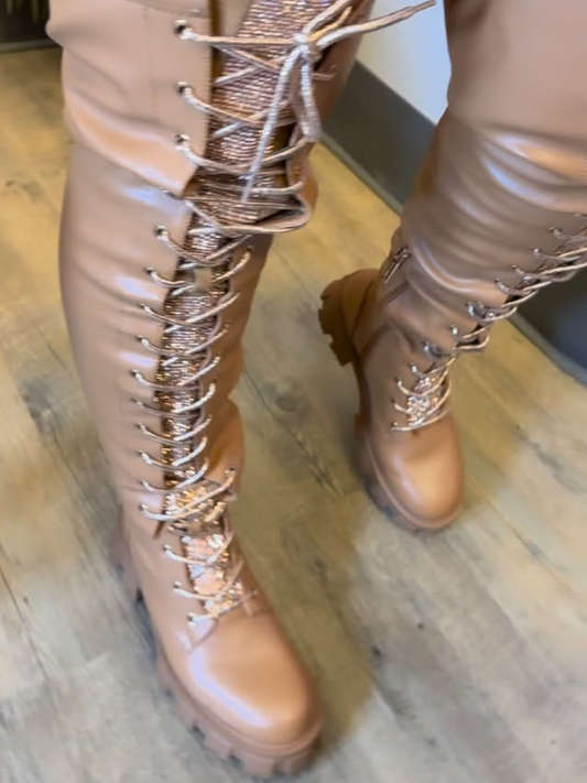 Khaki Strappy Knee-High Boots