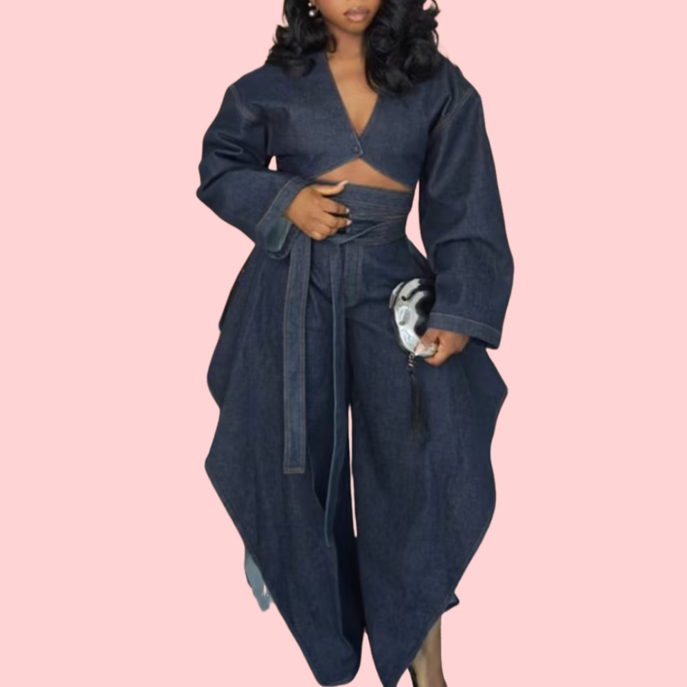 Blue Denim Tie-Waist Cutout Dress