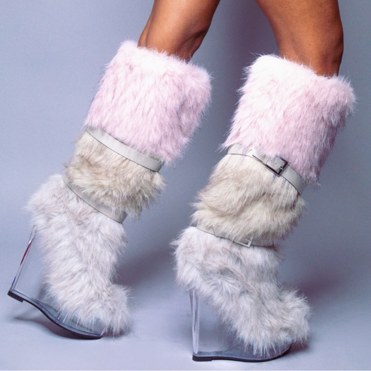 Fur-trimmed Strappy Transparent High-Heel Boots