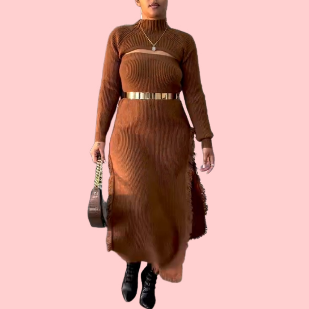 Brown Knit Cropped Top & Strapless Dress Set
