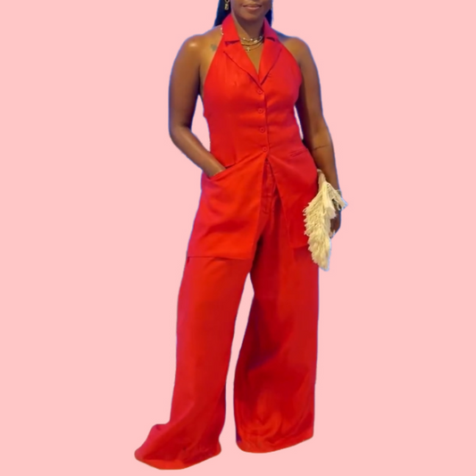 Red Sleeveless V-Neck Pocket Jumpsuit