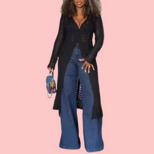 Black Hollow-Out Long Cardigan