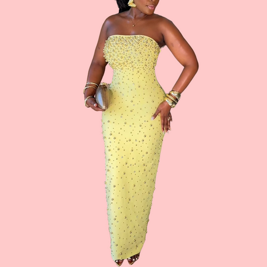 Yellow Rhinestone Sheath Maxi Dress