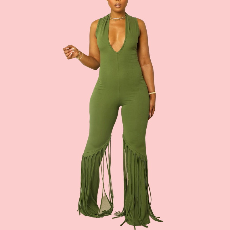Fringed V-Neck Sleeveless Jumpsuit